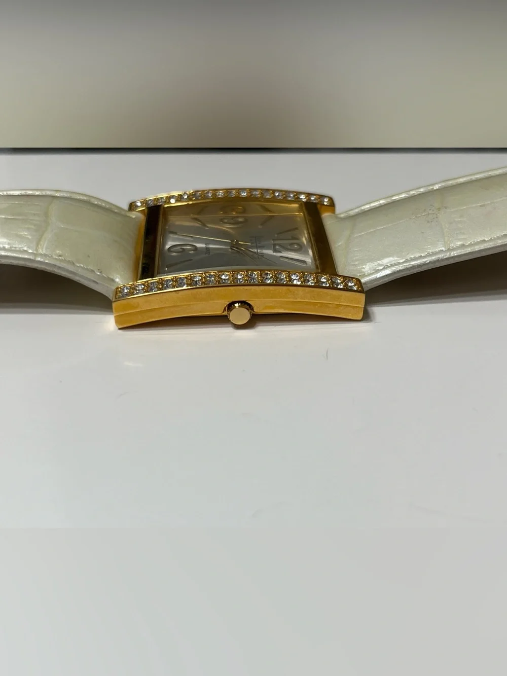 Joan Rivers Gold-Tone Square Watch with White Leather Strap and Crystal Trim